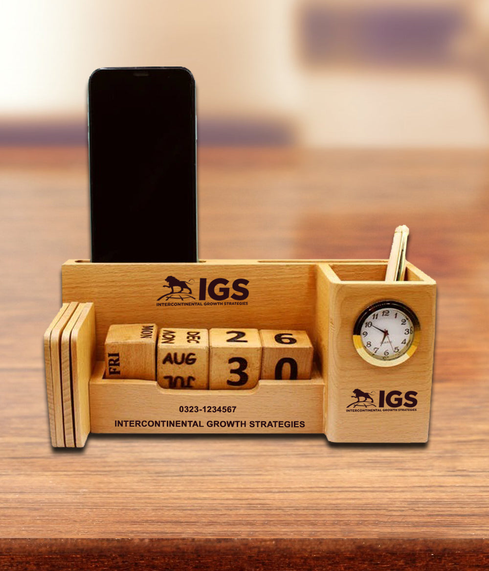 Wooden Table Calendar with Clock for Office and Home